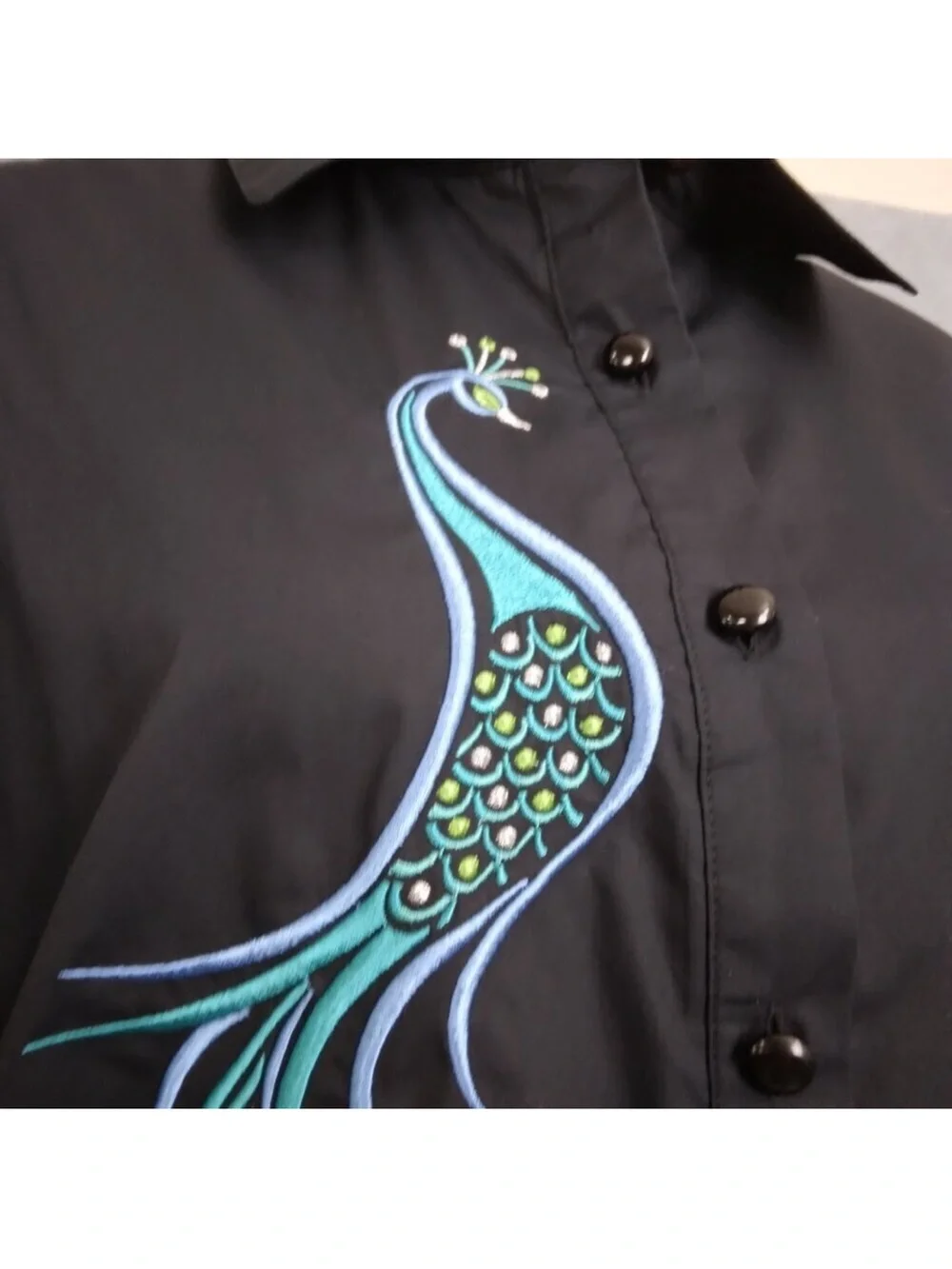 Bob Mackie Black Button-Front Shirt with Teal and Blue Peacock Motif